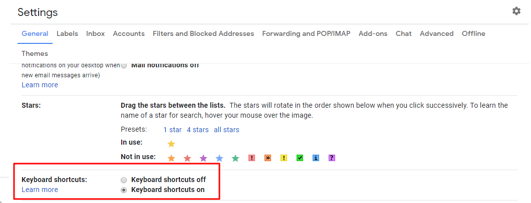 gmail shortcuts settings